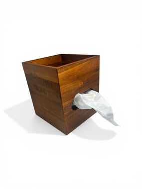 Acacia Wood Square Tissue Box Cover With Storage Tray And Magnetic Base MCM Like